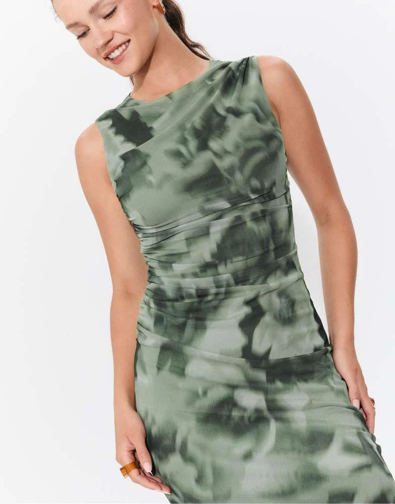 Stradivarius Stradivarius Printed tulle midi dress in khaki 4