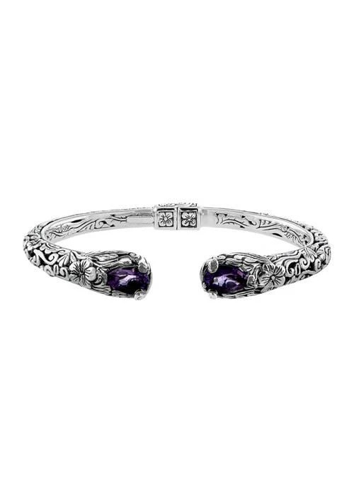 Infinity Silver Sterling Silver Amethyst Flower Hinged Cuff Bracelet
