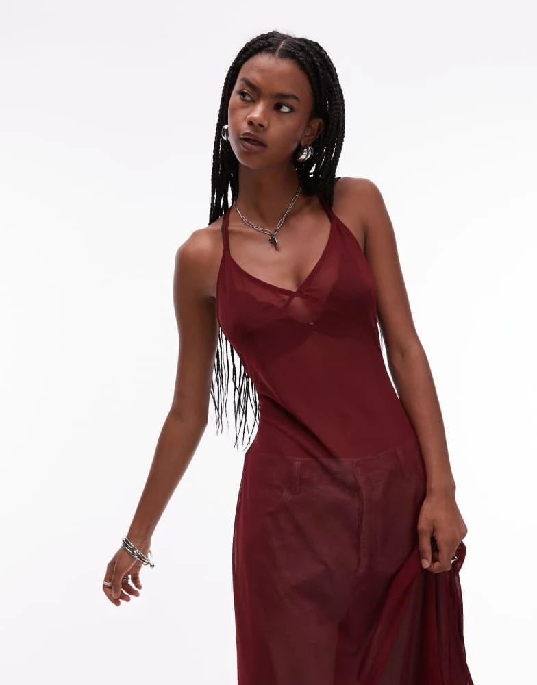 ASOS Design sheer mesh maxi slip dress in burgundy-Red ASOS Design sheer mesh maxi slip dress in burgundy-Red