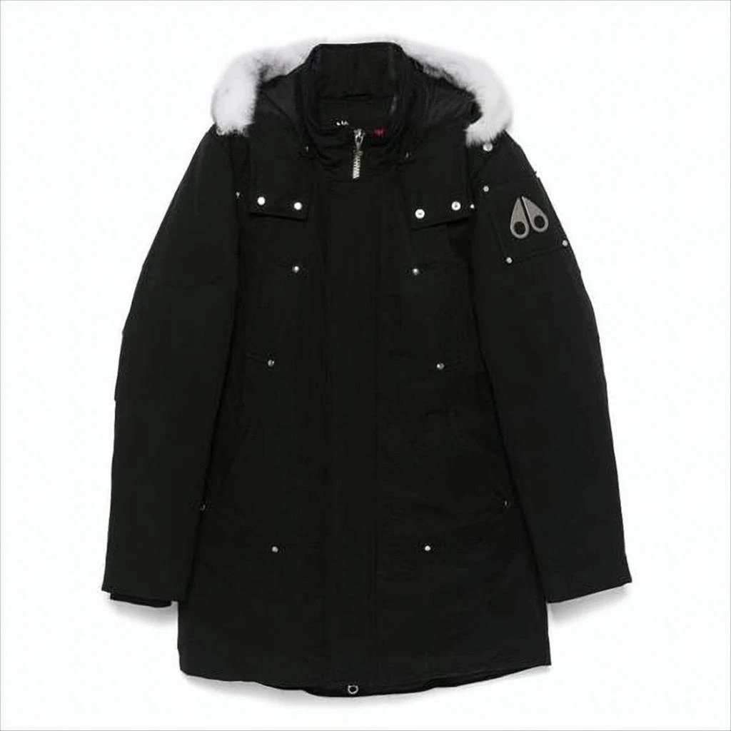 Moose Knuckles Hooded Long Black Padded Coat With Fur Trim And Multiple Pockets