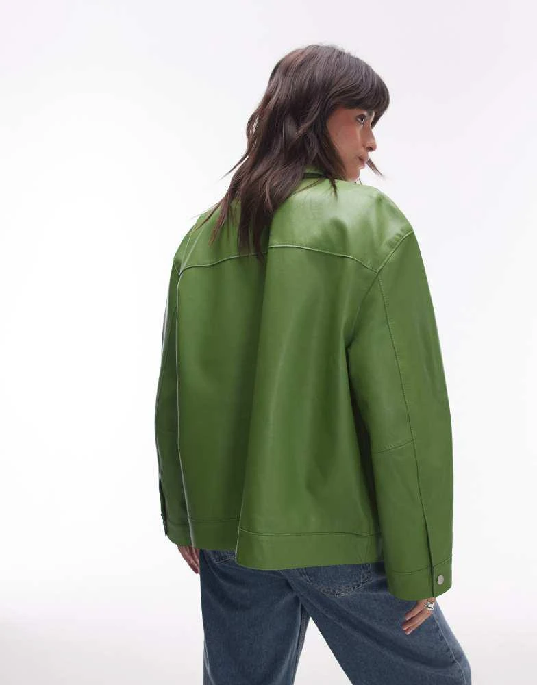 Topshop Topshop premium real leather jacket in green 4