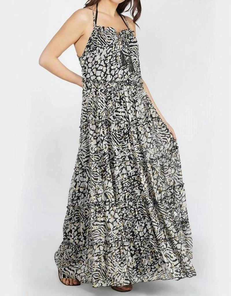 AMERICA & BEYOND Always Animal Tiered Maxi Dress In Black & White 1