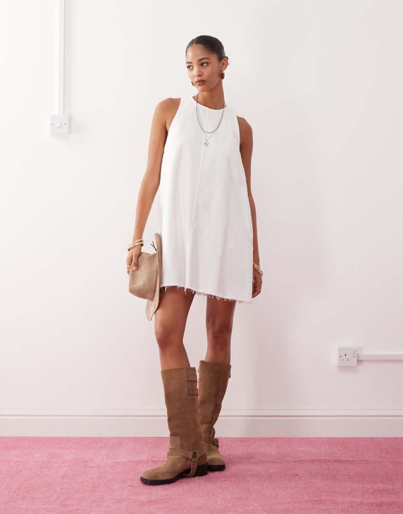 Monki Monki sleeveless a line mini dress with frayed edge in white