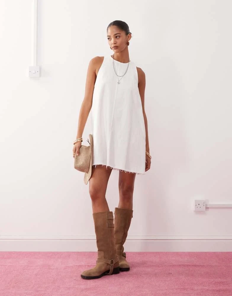 Monki Monki sleeveless a line mini dress with frayed edge in white 2