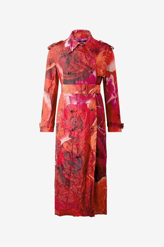 Roberto Cavalli Roberto Cavalli Rose Print Long Crinkle-Effect Trench Coat