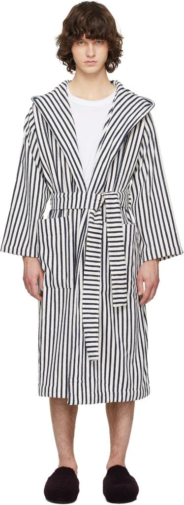 Tekla Off-White 
Navy Terry Hooded Bathrobe