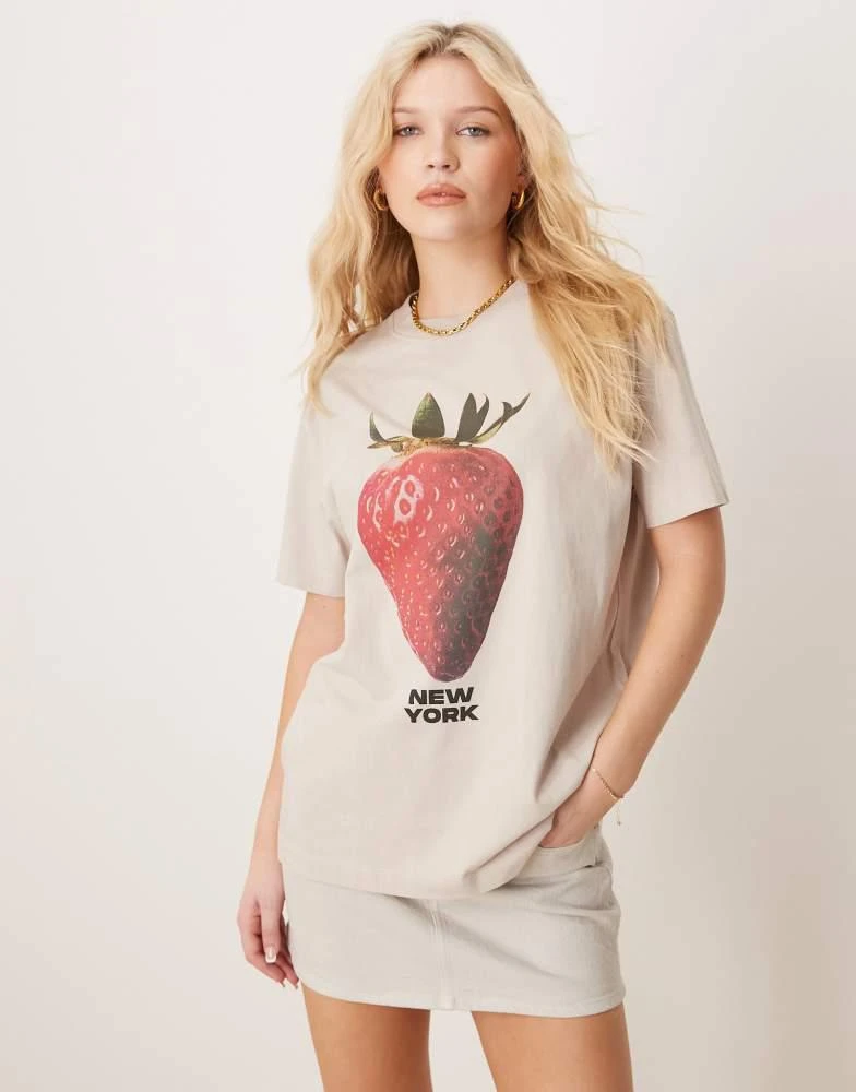 Abercrombie & Fitch Abercrombie & Fitch short sleeve skimming embellished strawberry t-shirt in beige 2