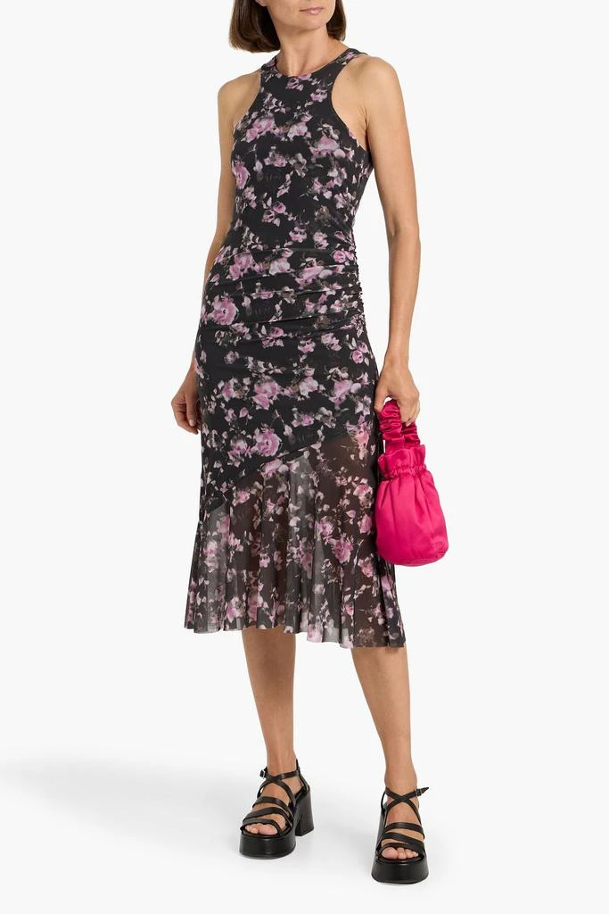 Ganni Ruched floral-print stretch-mesh midi dress 2