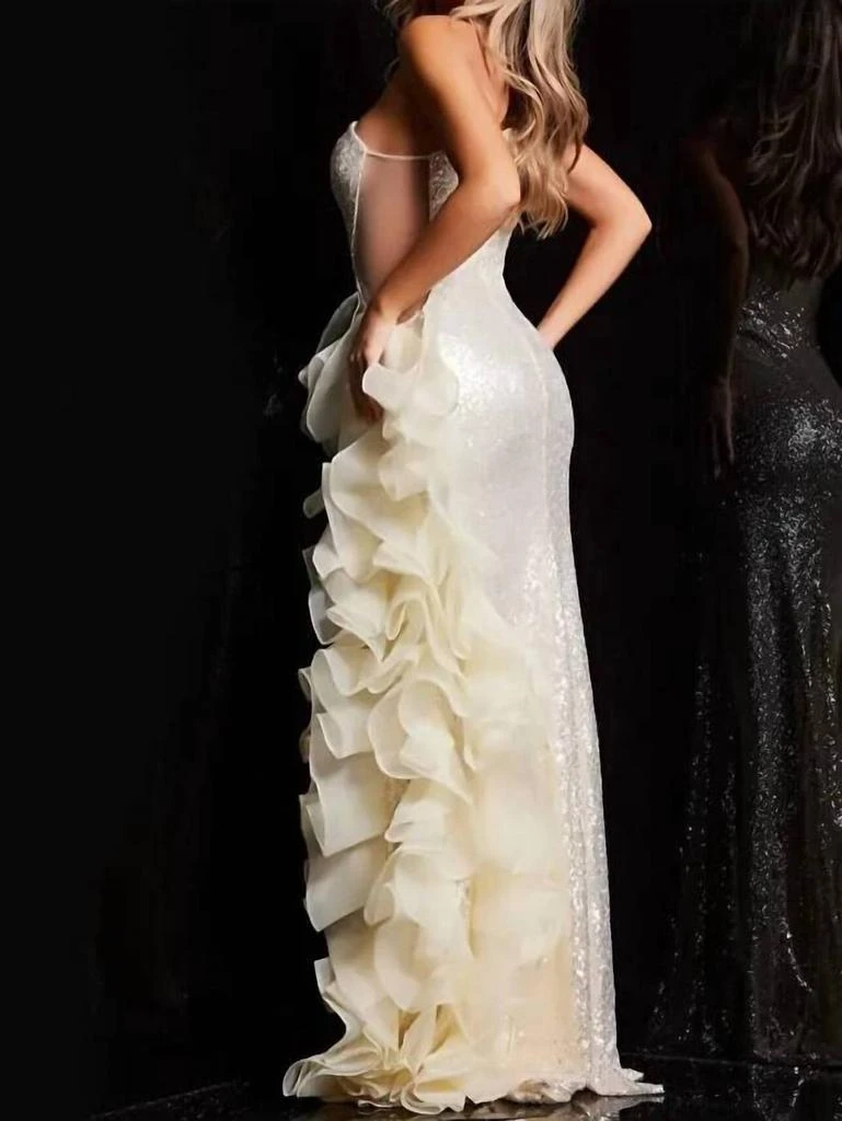 Jovani Ruffle Slit One Shoulder Dress In Cream 3