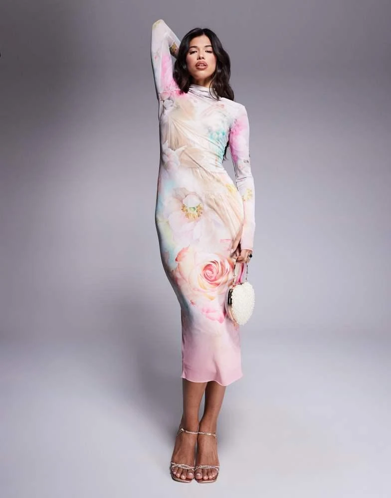 chinese dress ladies Afrm Nettie Long Sleeve Backless Maxi Dress in Caramel Animal at Nordstrom, Size Large