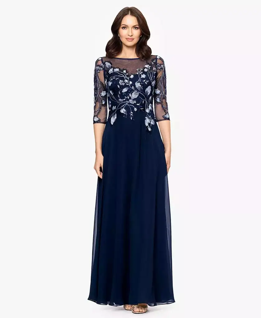 Betsy & Adam Petite A-Line Embroidered Dress - Blue Multi - Size 12P