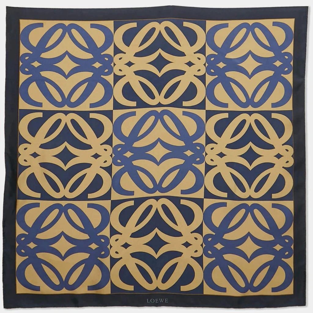 Loewe Loewe Navy Blue & Gold Logo Printed Silk Square Scarf 1