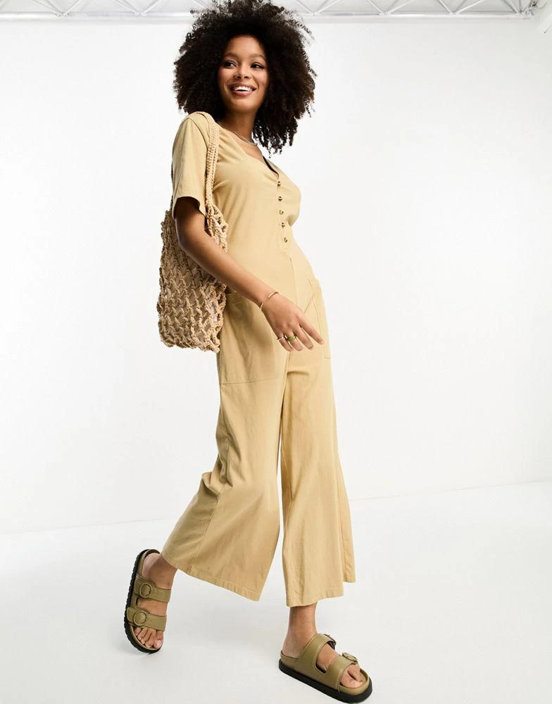 ASOS ASOS DESIGN jersey button front chuck on jumpsuit in mocha 1