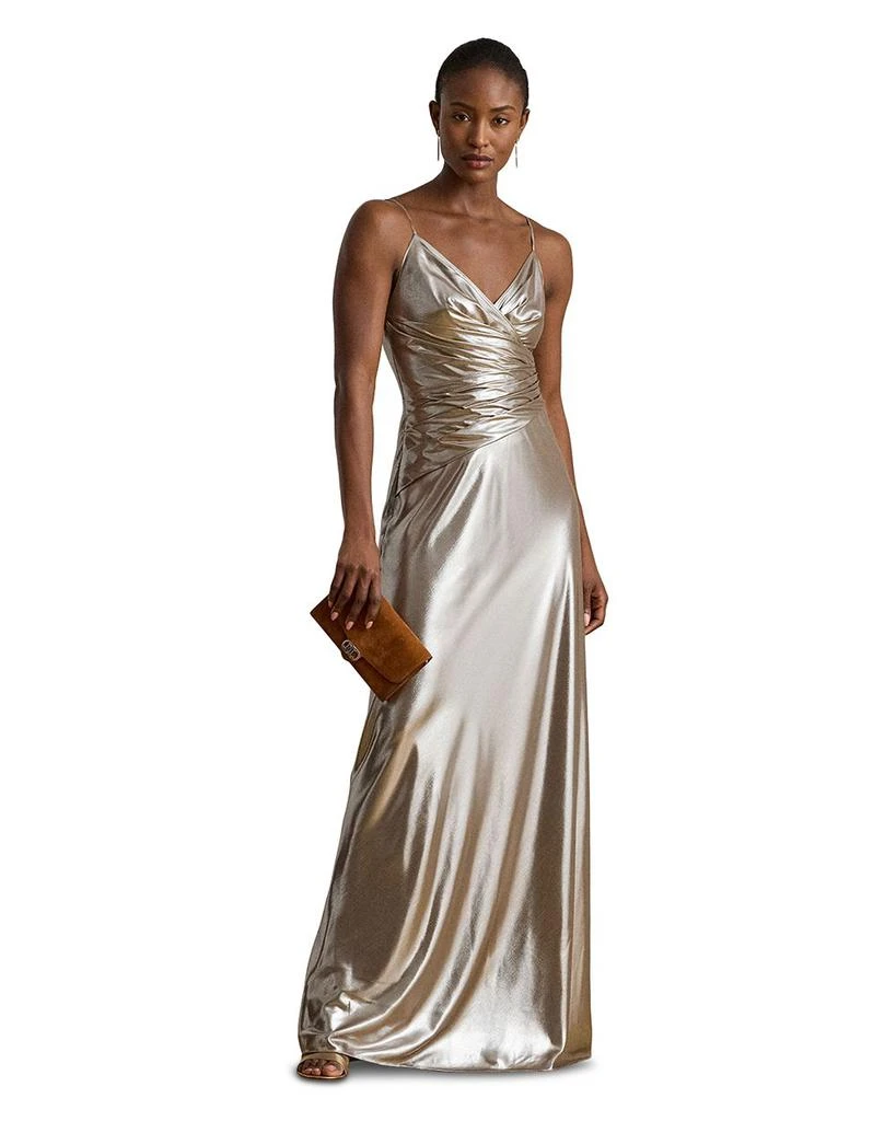 Ralph Lauren Pleated Metallic Chiffon Sleeveless Gown - Taupe Brown/Silver Foil - 14