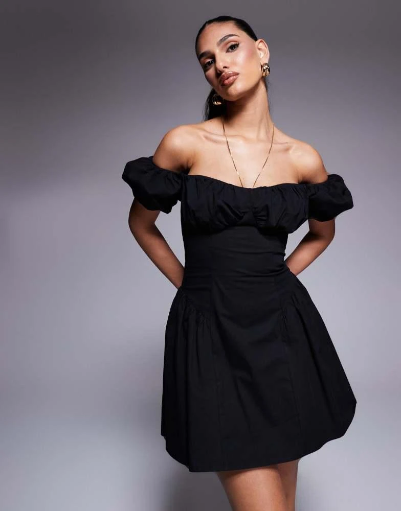 Kaiia Kaiia exclusive poplin puff sleeve hip pleat detail mini dress in black 1