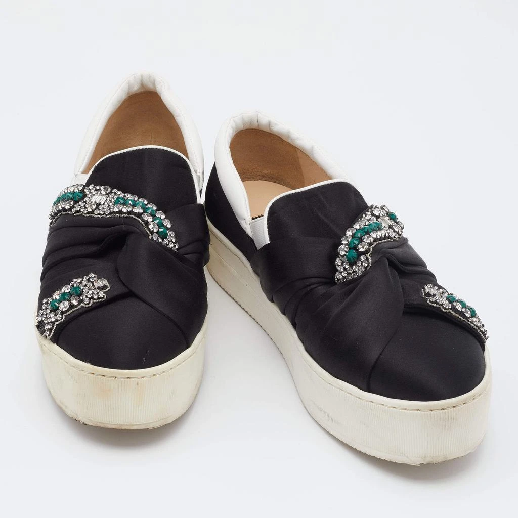 N°21 N21 Black/White Satin And Leather Crystal Embellished Platform Slip On Sneakers Size 37 4