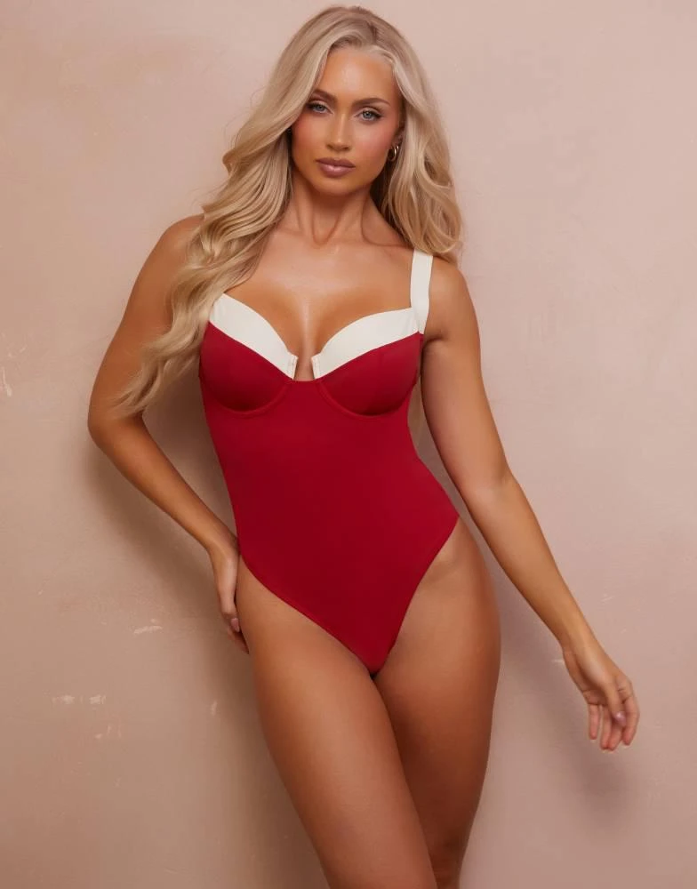 Wolf & Whistle Wolf  & Whistle Fuller Bust x Abby Benson contrast trim swimsuit in cherry red and cream 4