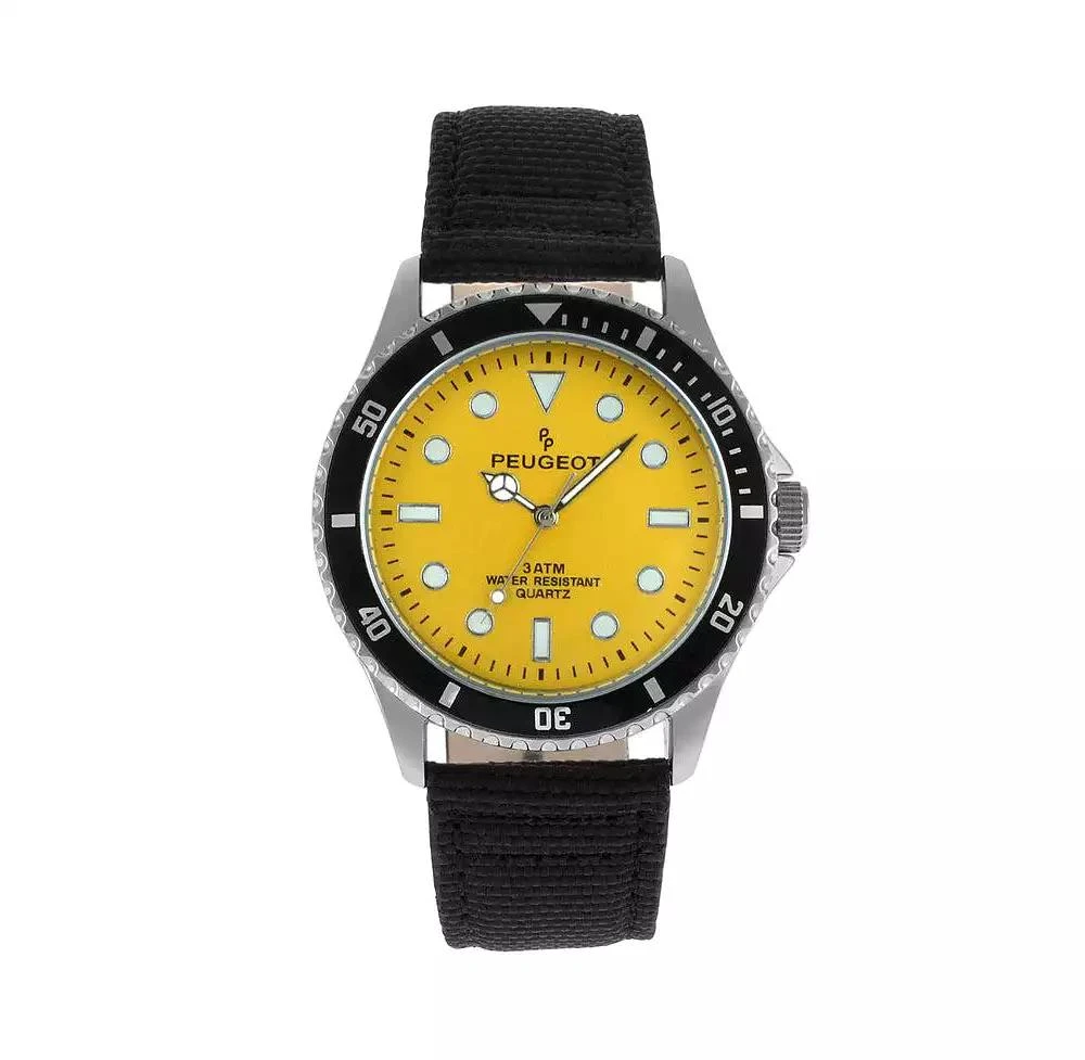 Peugeot Men's Sport Bezel Watch with Yellow Dial and Black Canvas Strap 1