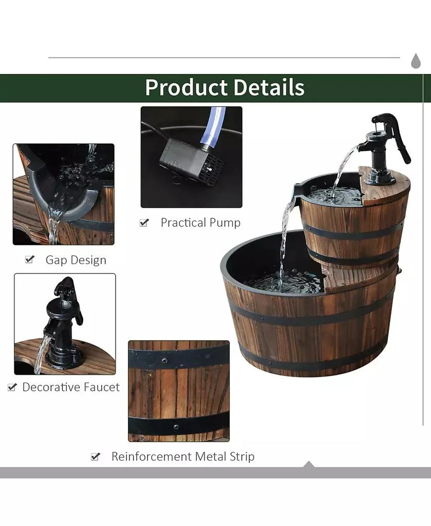 Outsunny 2 Tier Fountain Rustic Wood Barrel Water Fountain w/ Pump Garden Decor 4