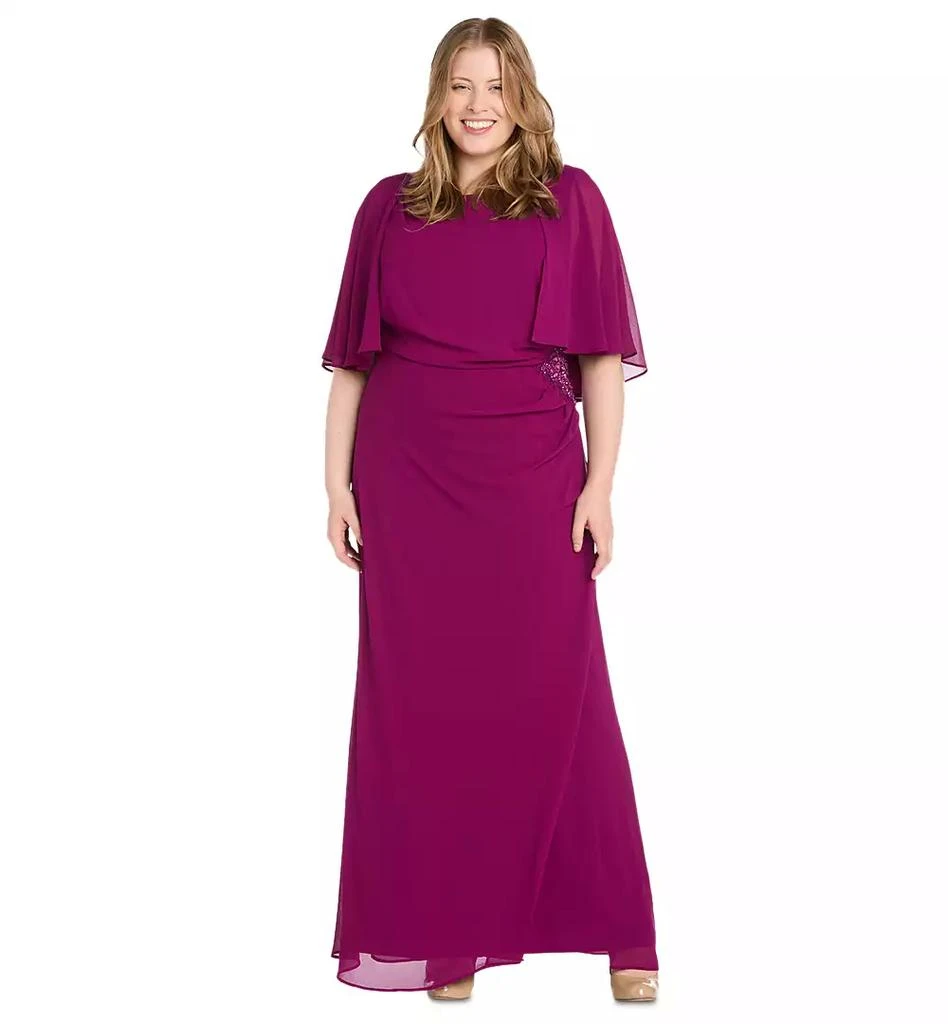 R & M Richards Plus Size Cape-Sleeve Embellished-Waist Gown 1
