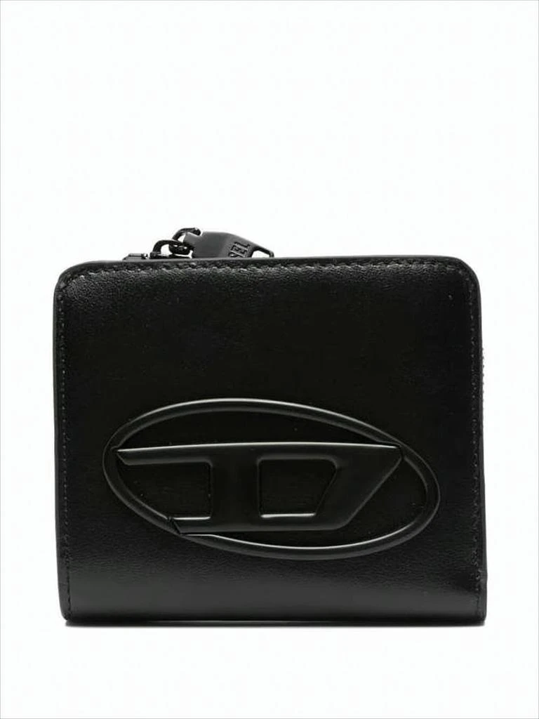 Diesel Compact Black Calfskin Wallet with Zip-Around Closure
