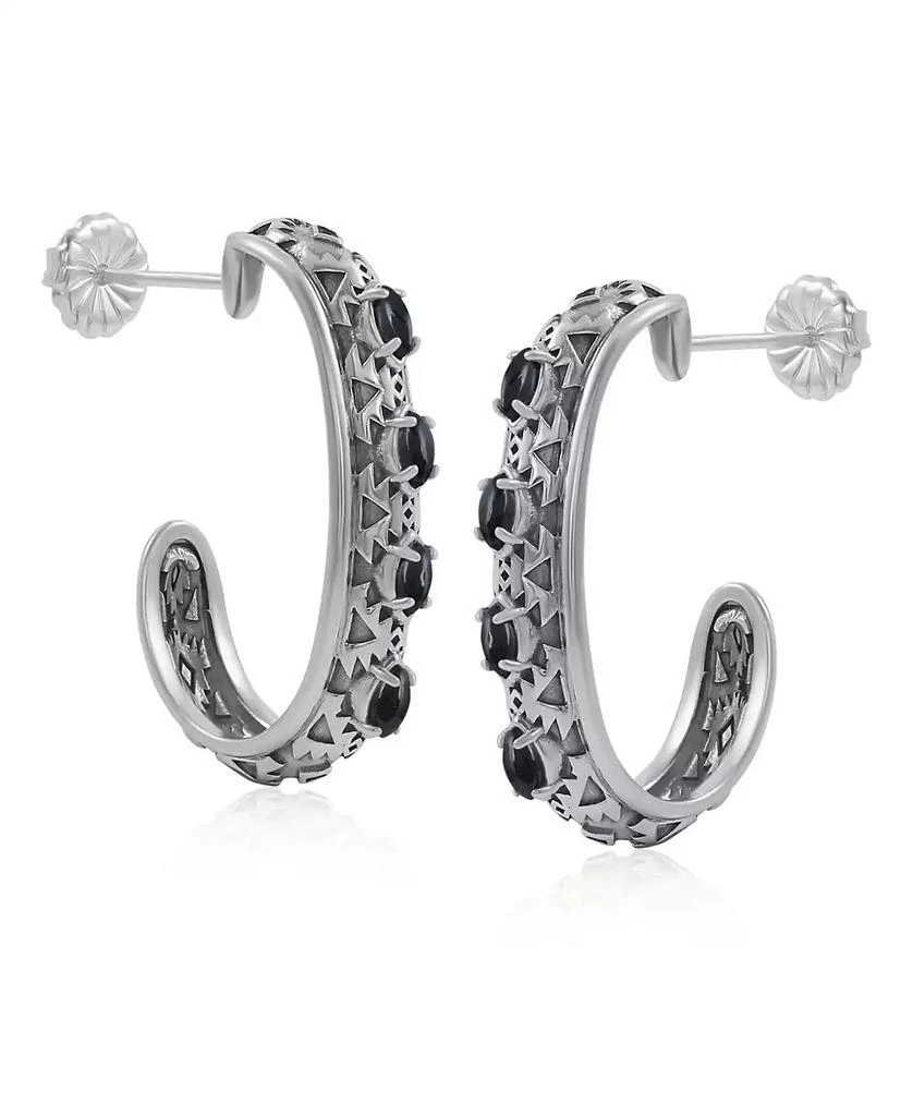 American West Jewelry Sterling Silver Black Onyx Patterned J-Hoop 1 Inch Earrings 4