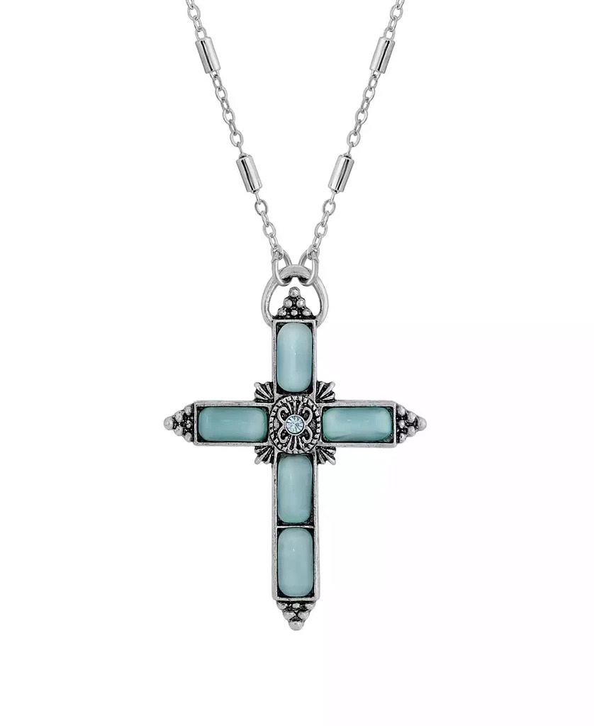 2028 Silver-Tone Aqua Moonstone Aqua Crystal Cross 20" Necklace
