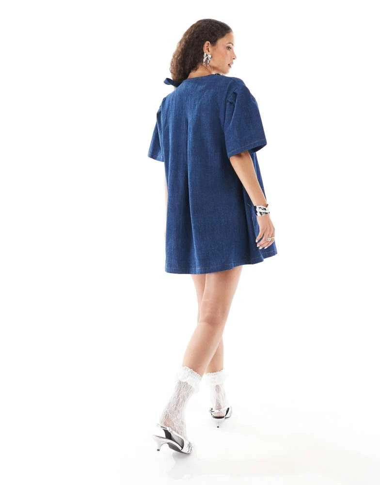 Ghospell Ghospell bow detail textured mini dress in dark wash denim 4