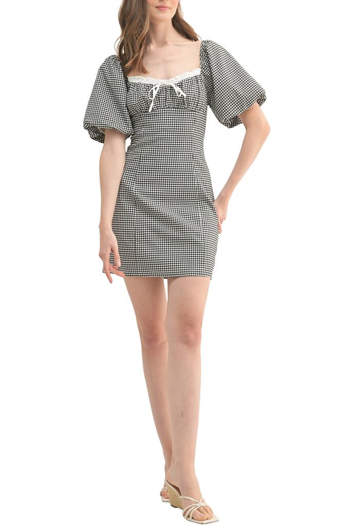 Lush Gingham Puff Sleeve Body-Con Dress