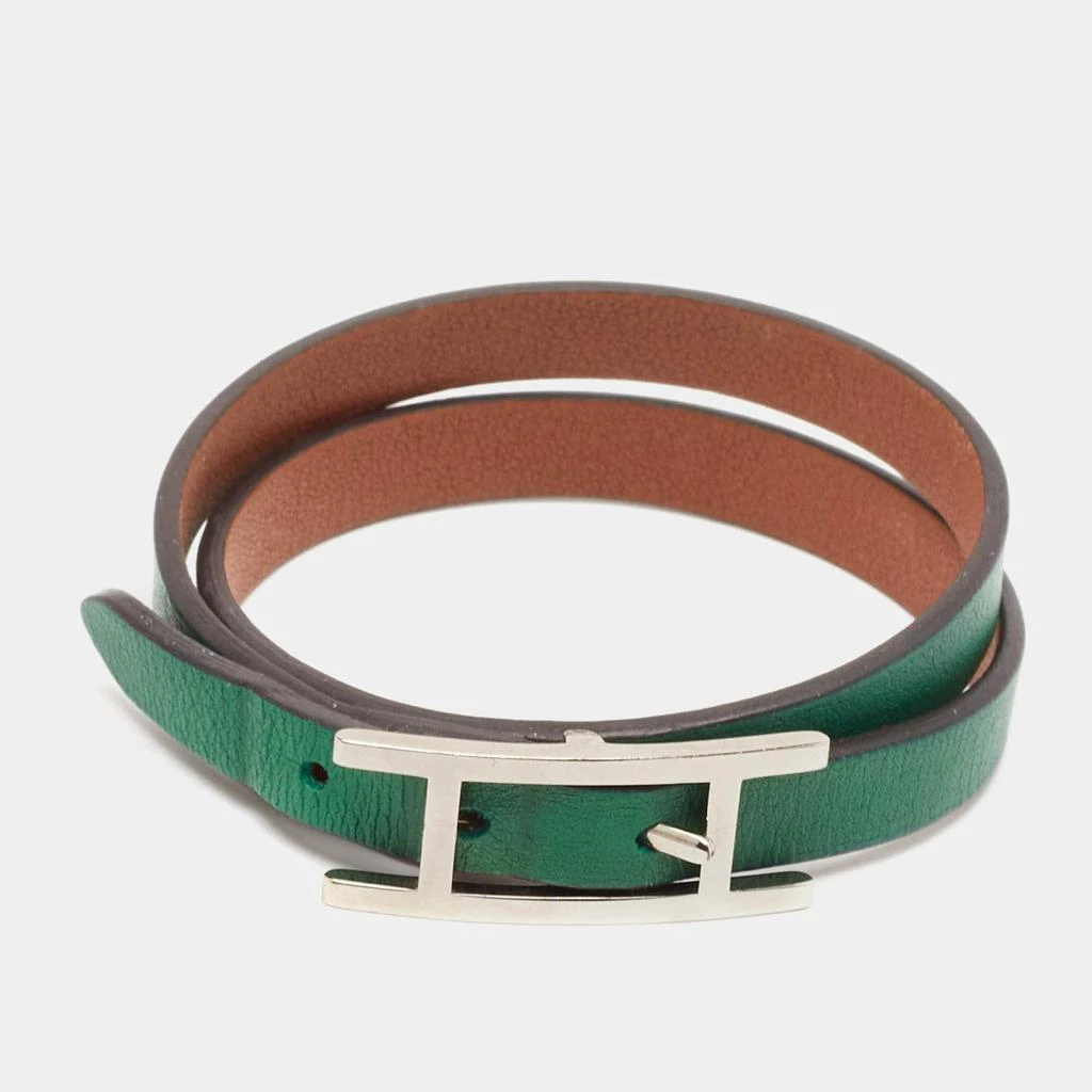 Hermes Hermes Behapi Green Leather Palladium Plated Tone Double Tour Bracelet 1