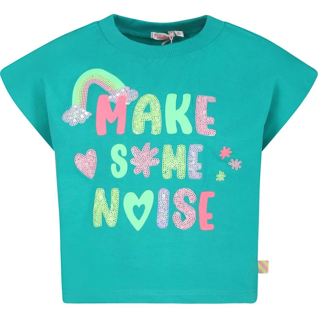 Billieblush Green Crop T-shirt For Girl With Print And Sequins 1