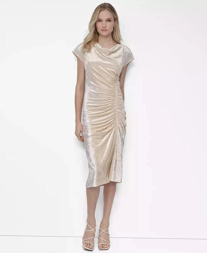 DKNY Women
s Cap Sleeve Ruched Velvet Midi Dress