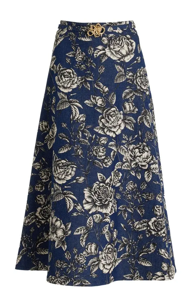Oscar de la Renta Oscar de la Renta - Printed Stretch-Denim Midi Skirt - Dark Wash - US 6 - Moda Operandi from Fashion US