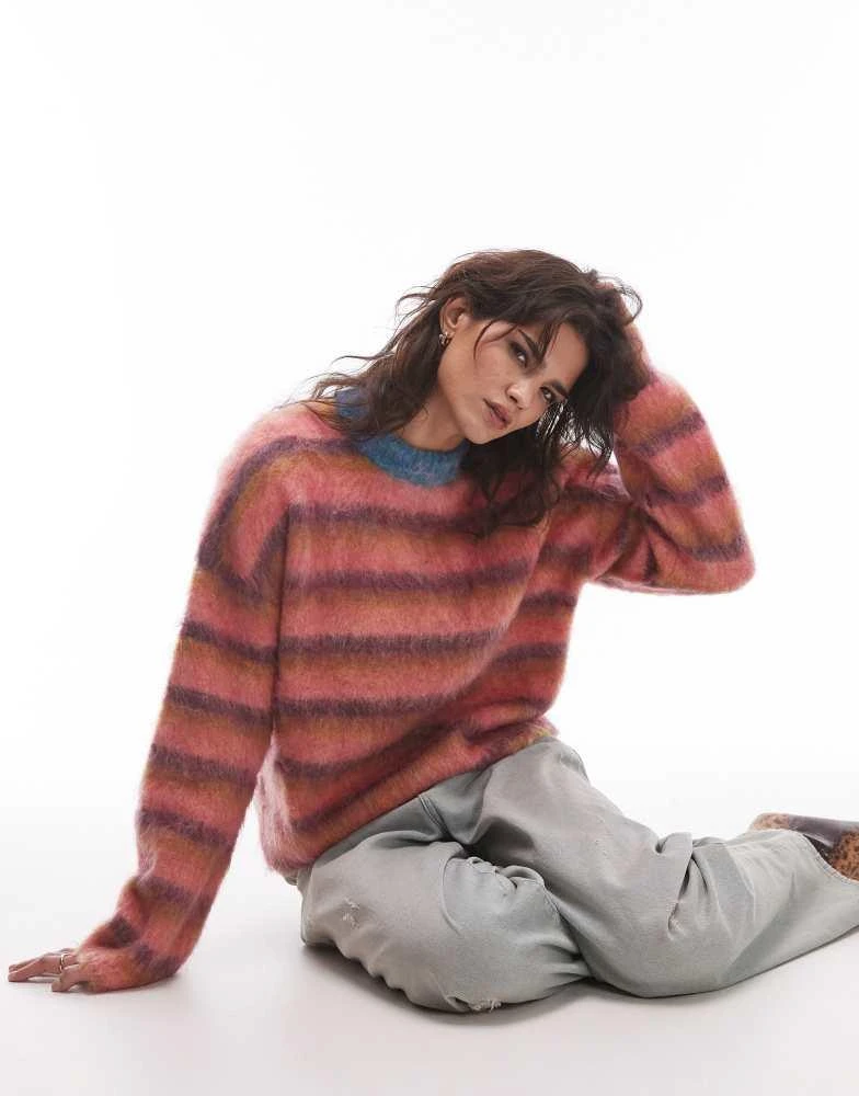 Topshop Topshop knitted ultra fluffy relaxed jumper in pink ochre and purple stripe 3