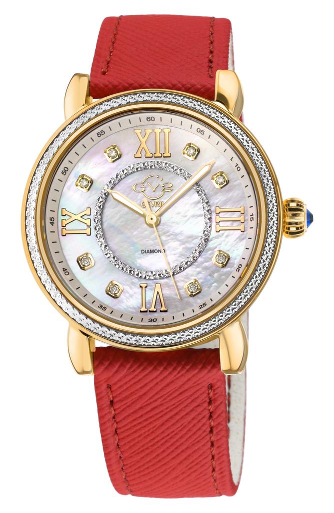 GV2 Marsala Mother of Pearl Dial Diamond Faux Leather Strap Watch, 37mm - 0.096ct.