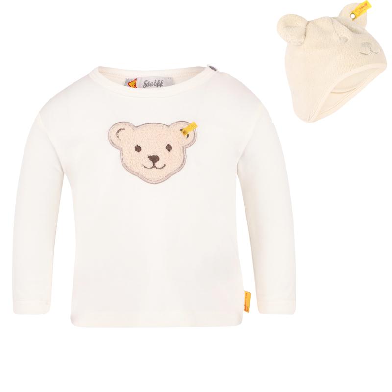 Steiff Logo bear long sleeved t shirt and embroidered teddy sherpa baby cap set in white
