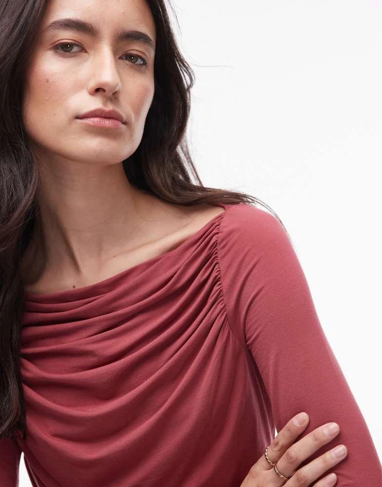 & Other Stories & Other Stories supersoft jersey ruche boat neck top with long sleeves in red 3