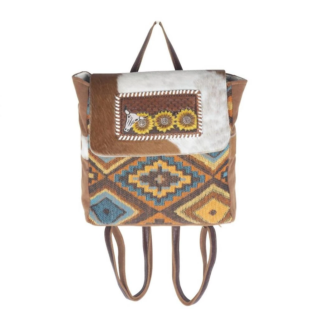 NEW MYRA BAGS women\'s primordial hand-tooled bagpack in multi Myra Bag Blue Feather Hand-Tooled Bag Upcycled Cotton  main image 2