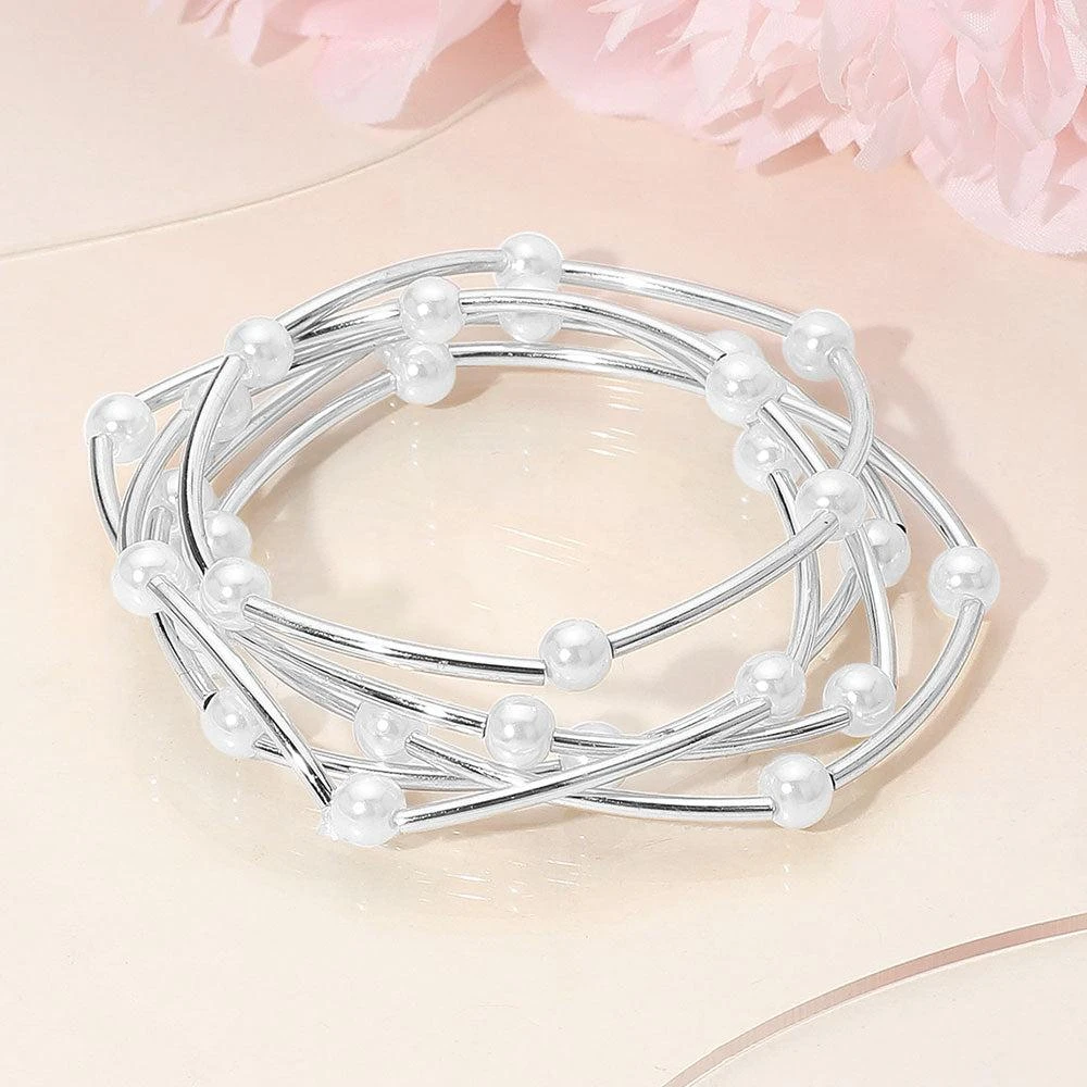 FASHNZFAB 5PCS - Pearl Metal Bar Beaded Stretch Multi Layered Bracelets