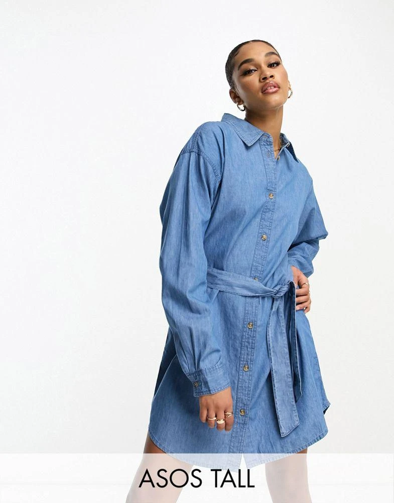 ASOS ASOS DESIGN Tall denim mini dress with belt in midwash 1