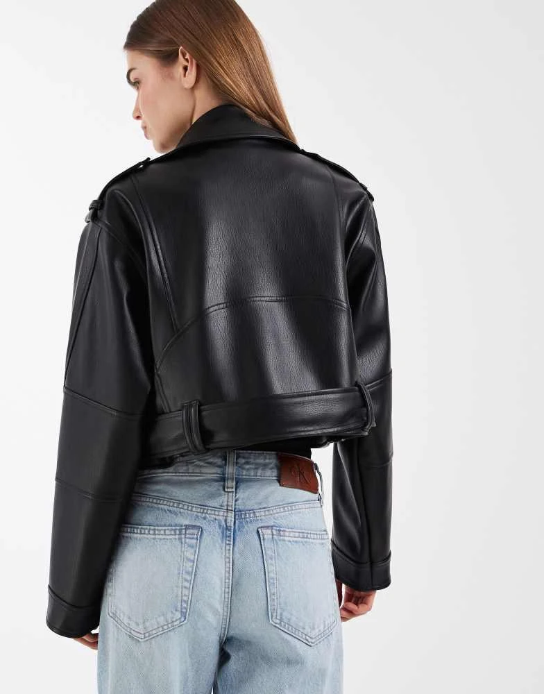 ASOS ASOS DESIGN leather look shrunken biker jacket in black 4