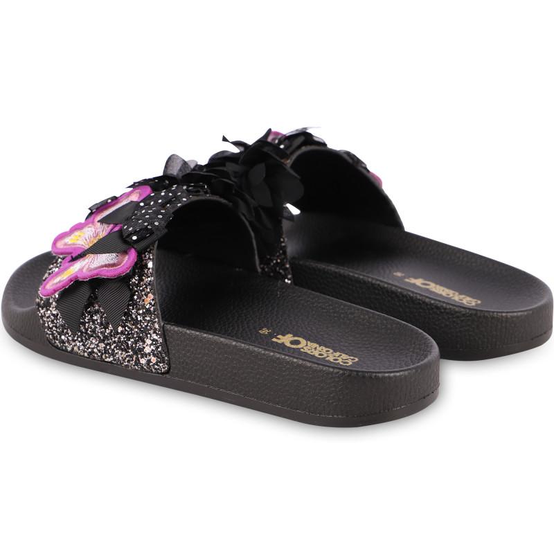 COLORS OF CALIFORNIA Appliqued flowers and butterfly glittery slides in black