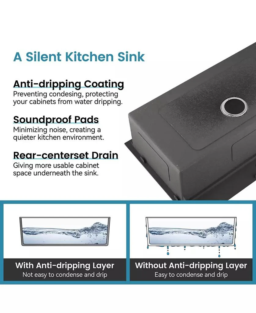 Flynama 27x19inch Black Stainless Steel Kitchen Sink Single Bowl Undermount Handmade 6