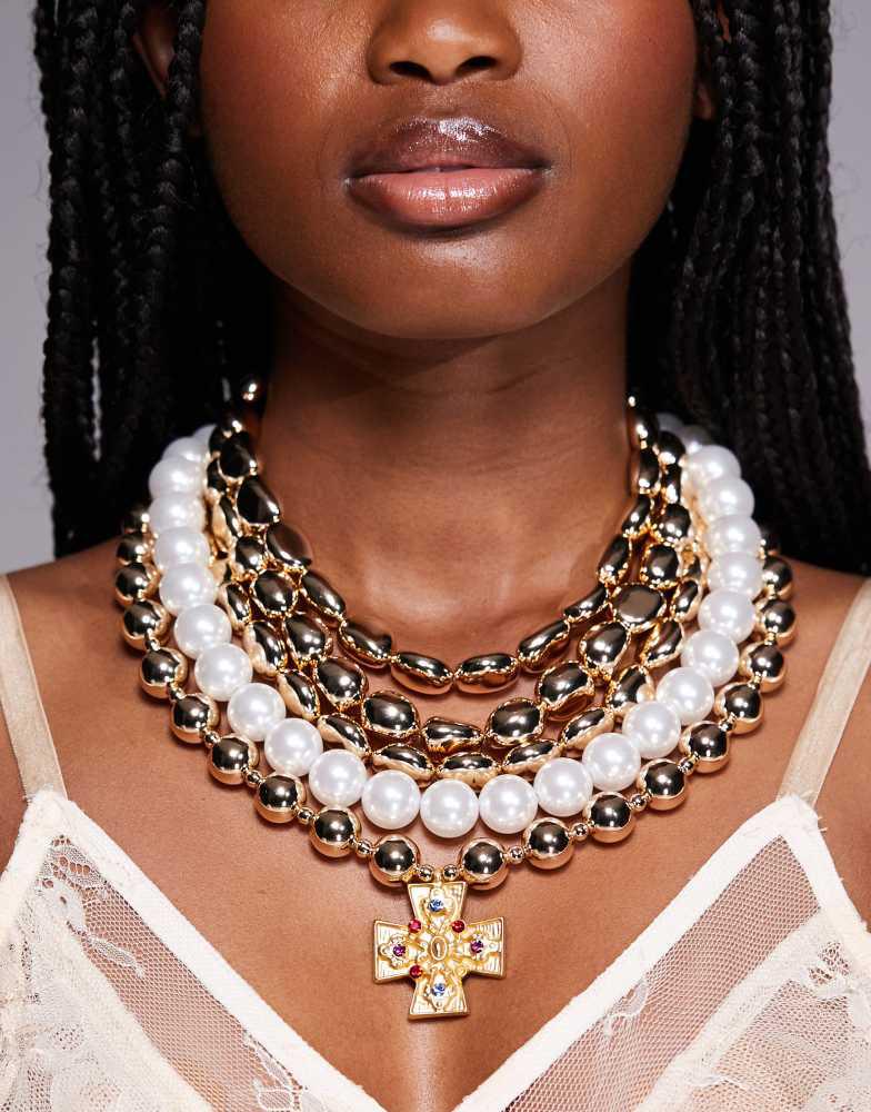 8 Other Reasons 8 Other Reasons statement layered beaded necklace with cross pendant in gold