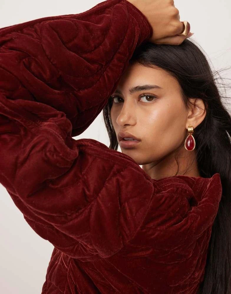 ASOS ASOS EDITION velvet embroidered quilted plunge mini dress with sleeve detail in burgundy 4