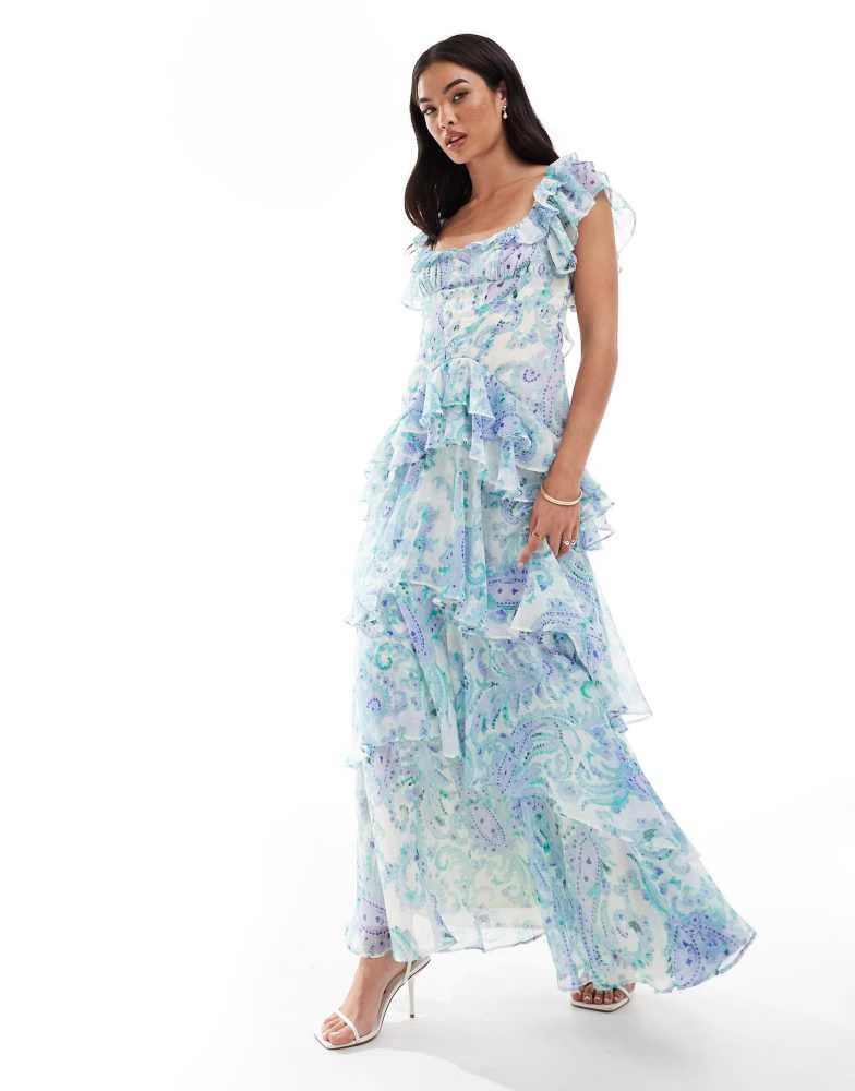 ASOS ASOS DESIGN ruffle dropped waist tiered maxi dress in blue floral print 1