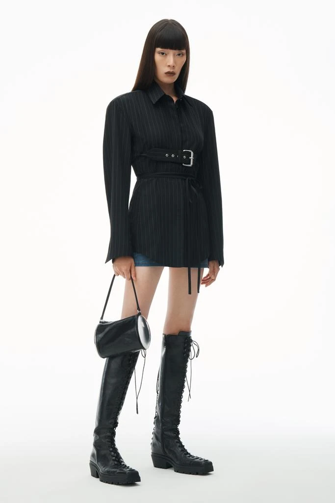 Alexander Wang Long Sleeve Belted Shirt in Pinstripe Wool 7