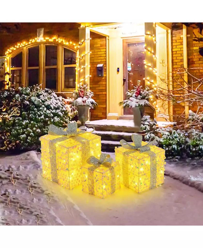 Costway 3 PCS Christmas Lighted Gift Boxes with 90 LED Lights Zip Ties Ground Stakes 4