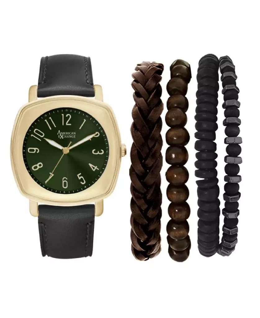 American Exchange Men's Black Leather Strap Analog Watch 46mm with Stackable Bracelets Gift Set 1