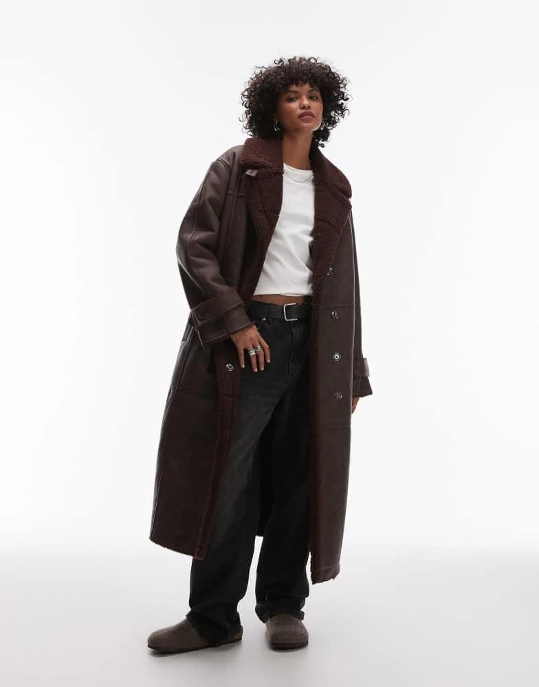 Topshop Topshop faux leather shearling long aviator jacket in burgundy 1